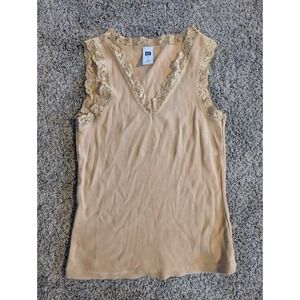 Y2K GAP Ribbed Lace Trim V Neck Tank Top Women Sz M Beige Sleeveless Casual